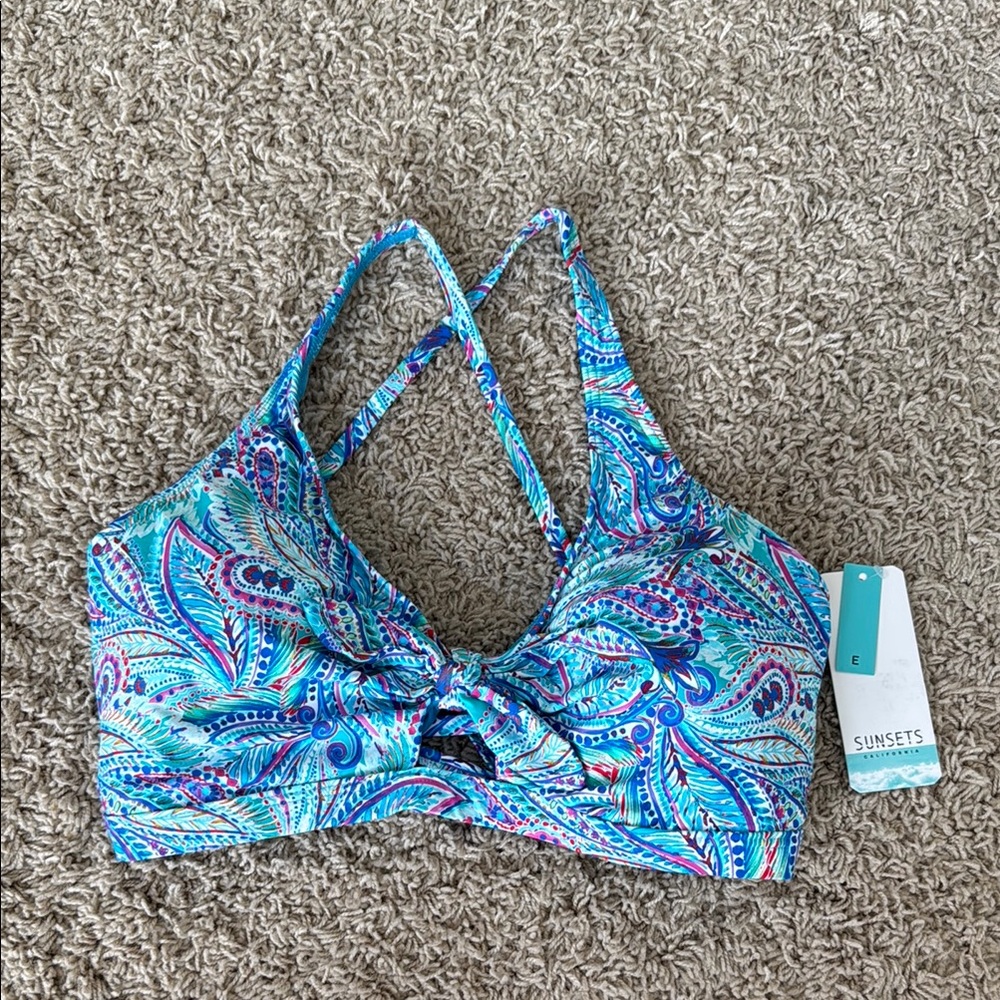 Sunsets Printed Brandi Bralette Bikini Top, Blue Paisley, E cup